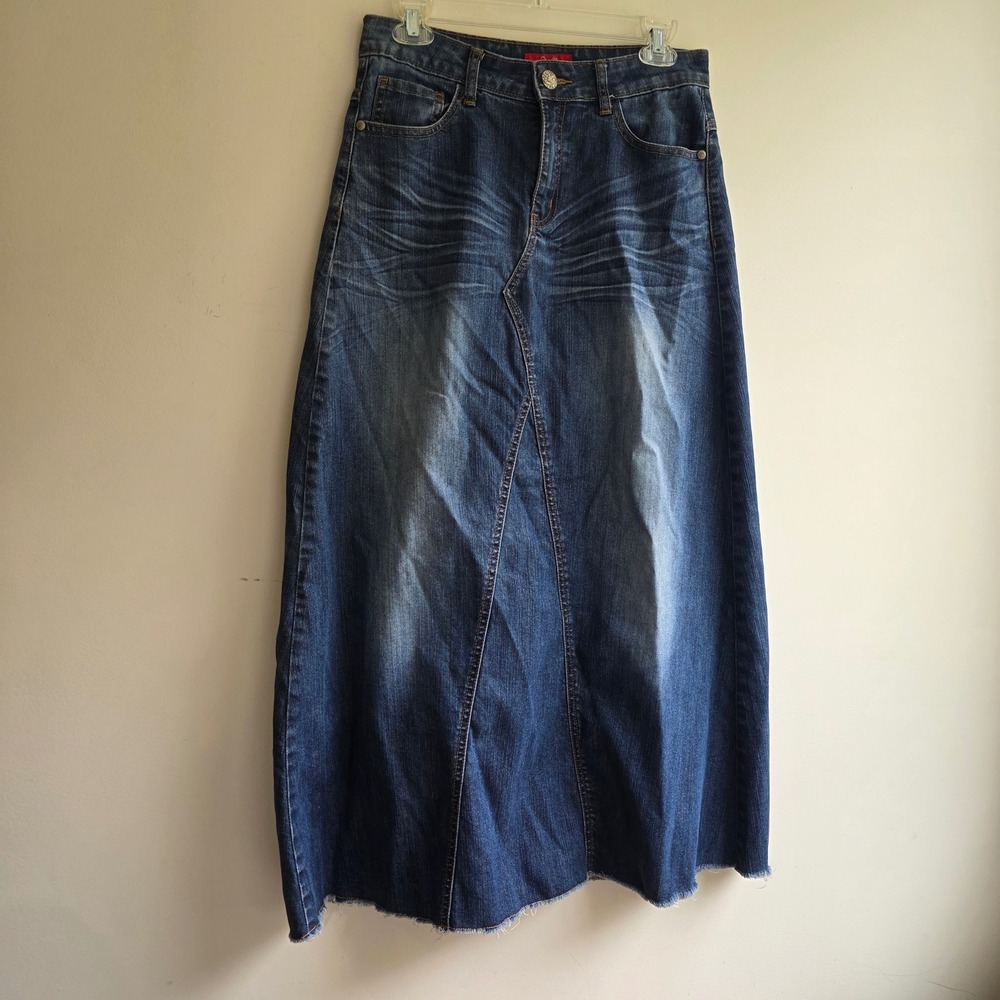 Denim Maxi Skirt Y2k 90s Grunge Cotton Long Dark Wash Raw Hem Size 28 Fairycore